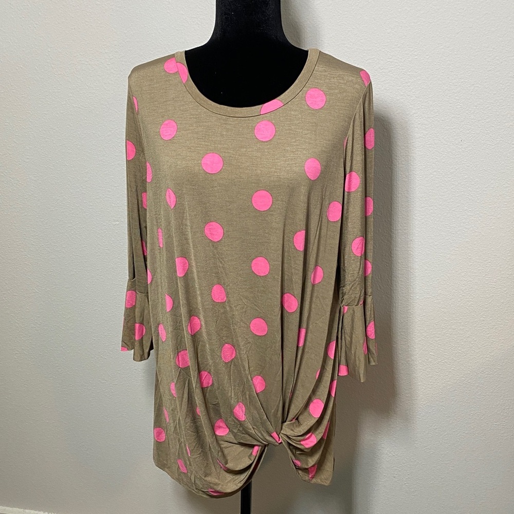 Watermelon Polka Dots Twist Front Bell Sleeve Raw Hem Tan Tunic Top Plus 1X